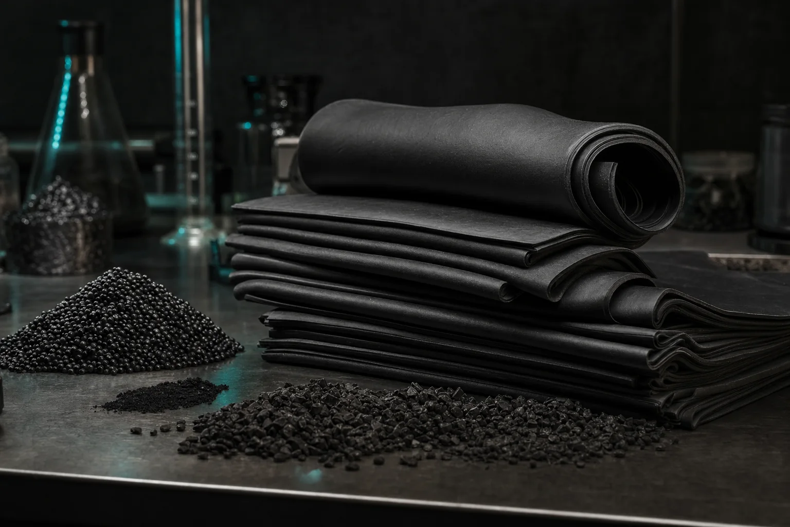 Dark raw rubber compound sheets and test specimens on a workbench